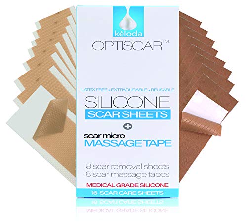 OPTISCAR: Scar Removal Silicone Sheets with Scar Massage Tape I for treatment of new and old scars and keloids away from surgery, injury, burn, acne, C-section I Medical Grade Silicone I I16 sheets