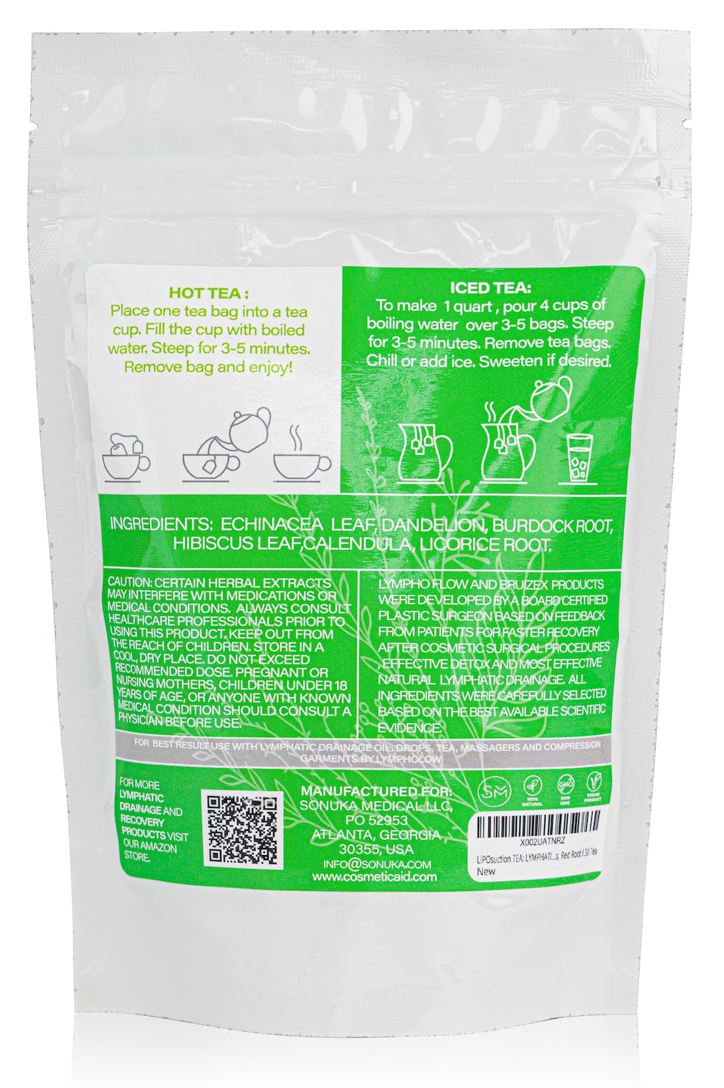LIPOsuction Tea: Lymphatic Drainage Natural Herbal Tea Blend, For Lymphatic System Recovery, Water Retention Relief, Post Surgery BBL & Tummy Tuck, Dandelion Root, Burdock Root, 30-Pack
